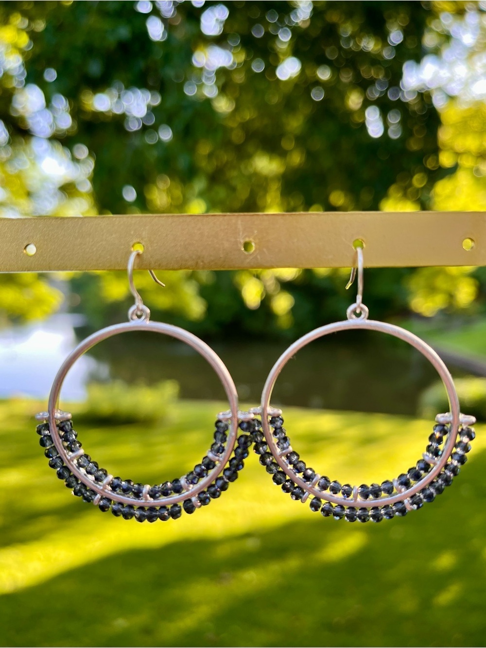 Marilyn Schiff Beaded Hoop Earrings – darn Navy gray + Silver | Boho Statement